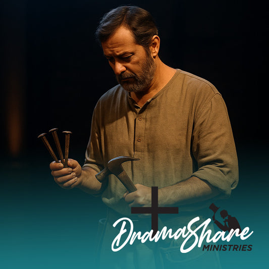 Man holding nails and a hammer with 'Drama Share Ministries' logo in the background