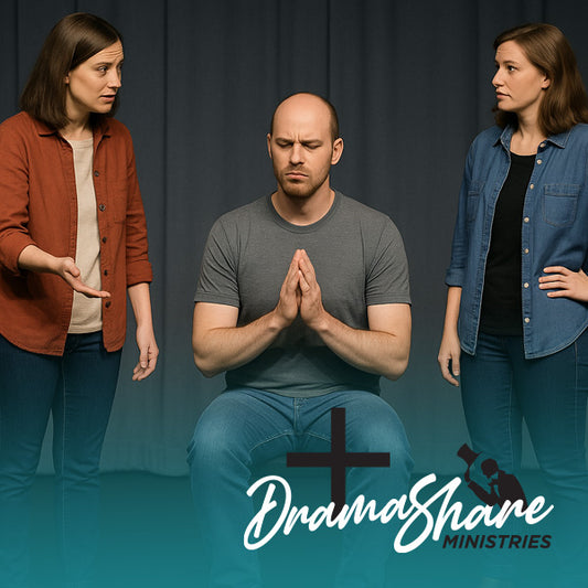 Two women on either side of a man meditating with 'Drama Share Ministries' logo.