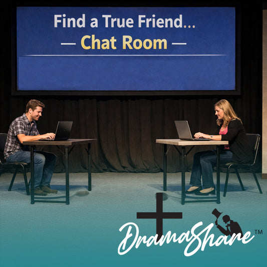 Two people sitting at tables with laptops in front of a screen labeled 'Chat Room' with DramaShare logo.