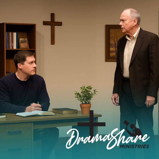 Two men in a room with a cross on the wall, sitting at a table with books and a plant. Drama Share Ministries logo visible.