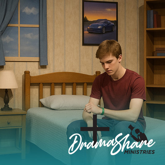 Person sitting on a bed in a bedroom with 'Drama Share Ministries' branding.