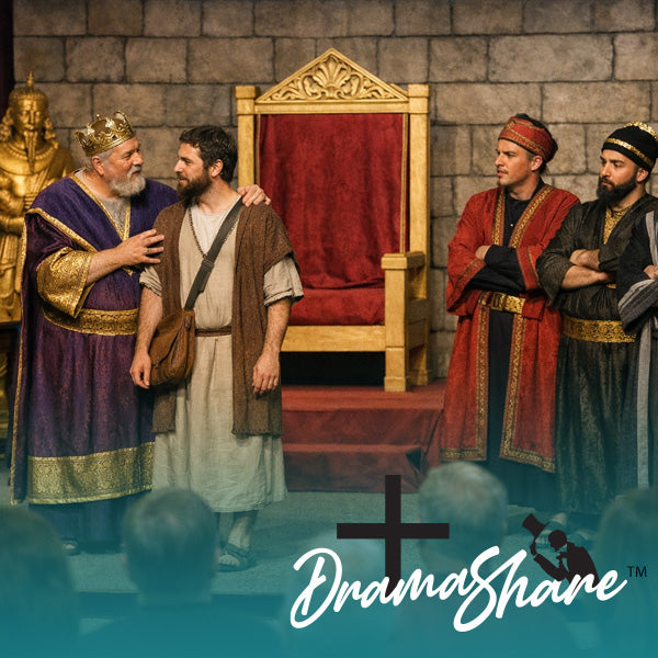 Stage scene with actors in historical costumes in front of a throne, featuring the Drama Share logo.