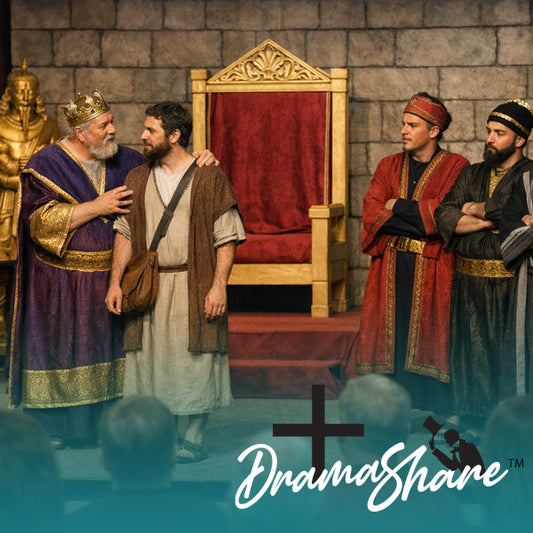 Stage scene with actors in historical costumes in front of a throne, featuring the Drama Share logo.