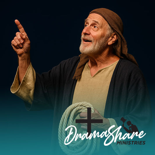 Man in robes with a brown headscarf, pointing upwards, against a dark background with 'Drama Share Ministries' logo.