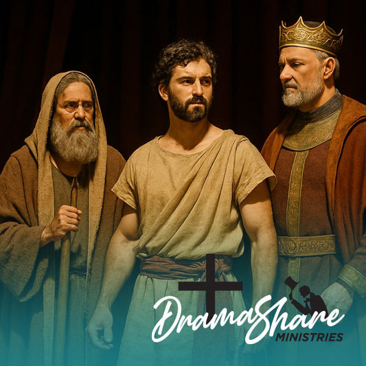 Three men in historical costumes with 'Drama Share Ministries' logo.