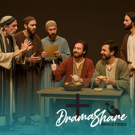 Group of men in biblical attire around a table with 'Drama Share Ministries' branding.