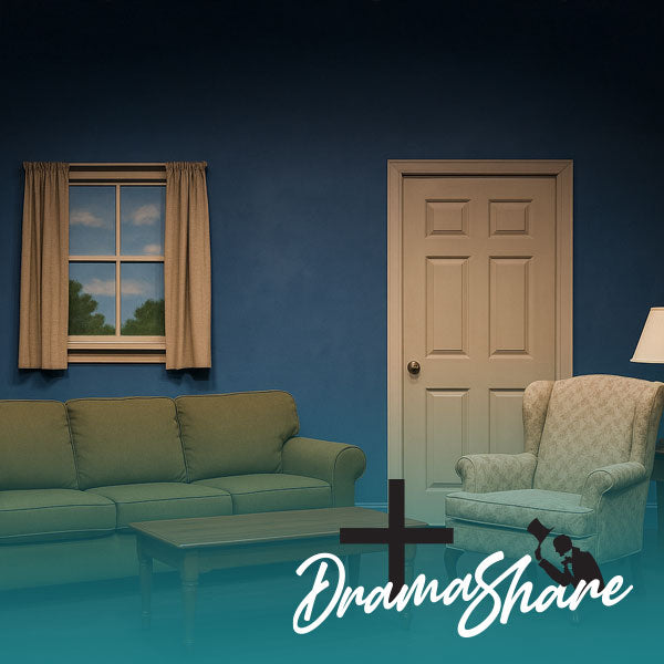 Living room with a couch, chair, and window, featuring the 'Drama Share' logo.
