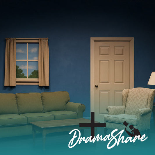 Living room with a couch, chair, and window, featuring the 'Drama Share' logo.