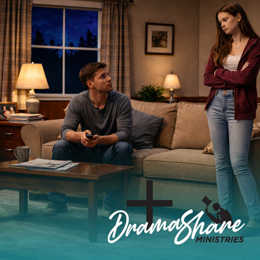 Dad and daughter talking in a living room with 'Drama Share Ministries' logo.
