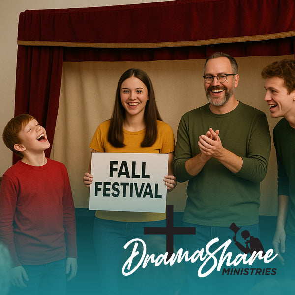 Group of people with a 'Fall Festival' sign in front of a stage curtain, with Drama Share Ministries logo.