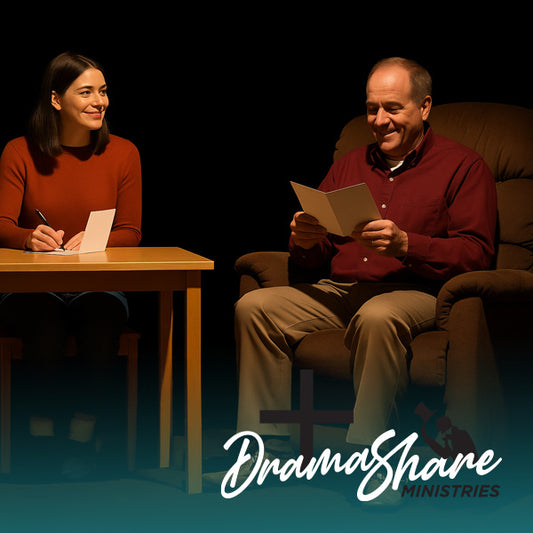 Two people sitting in a dimly lit room, one reading a book and the other taking notes, with 'DramaShare Ministries' logo.