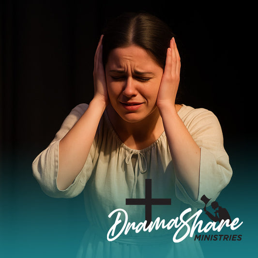 Woman with hands over ears, distressed expression, Drama Share Ministries logo