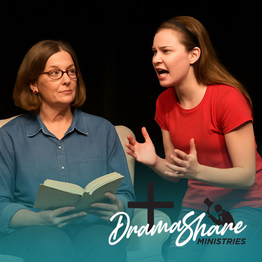 Teen girl urgently speaking next to her seated mother, who is calmly reading a book on a stage set with warm lighting and simple living room chairs.