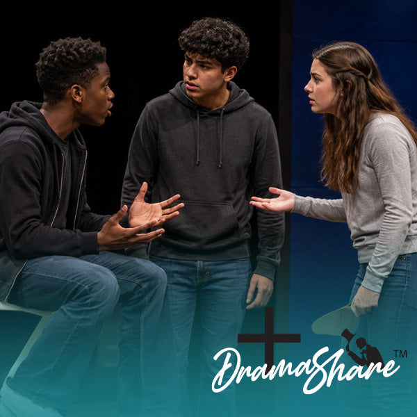 Three young actors in costume performing a scene, with a teal and black gradient overlay at the bottom featuring the white script logo 'DramaShare'.