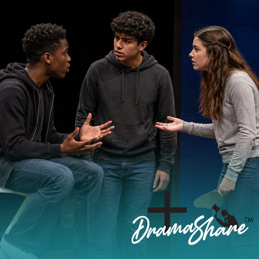 Three young actors in costume performing a scene, with a teal and black gradient overlay at the bottom featuring the white script logo 'DramaShare'.