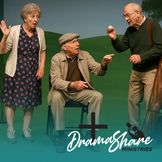 Three elderly actors on stage reenact a humorous golf scene from a church skit, with one holding a golf ball, another pointing, and a woman reacting in surprise