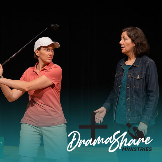 Two women, one golfing and the other holding a cross, with 'Drama Share Ministries' logo.