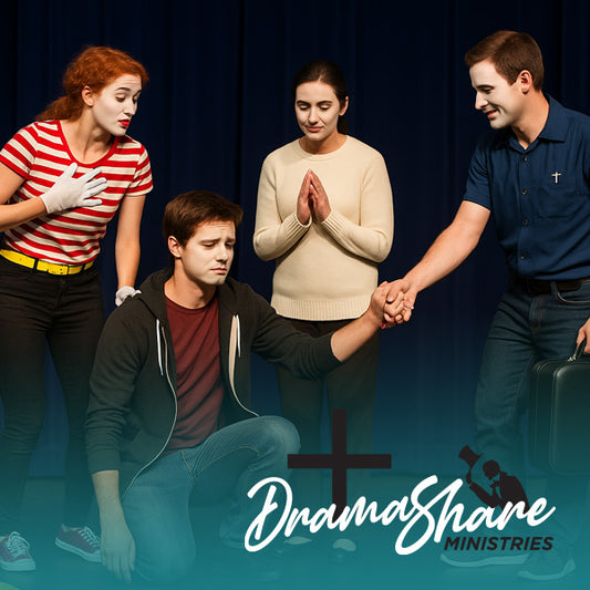 Group of people in a staged setting with 'Drama Share Ministries' logo.