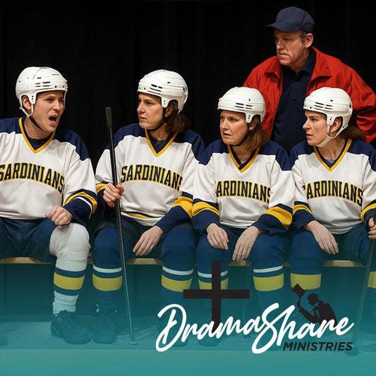 Group of hockey players in 'Sardiniarians' uniforms with a coach, featuring Drama Share Ministries logo.