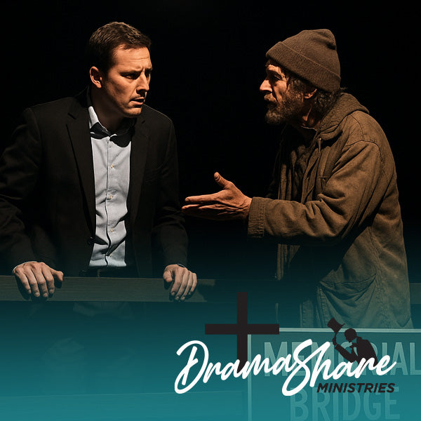 Two men in formal and casual attire facing each other with 'Drama Share Ministries' logo.