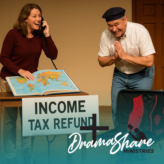 Two people in a staged setting with a world map, tax refund sign, and 'Drama Share Ministries' logo.