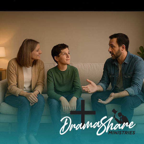 Family sitting on a couch with 'Drama Share Ministries' logo.