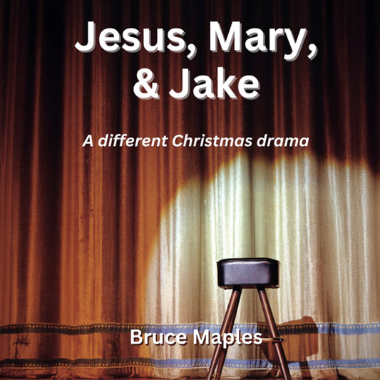 Book cover of 'Jesus, Mary, & Jake' with a stool and curtains in the background