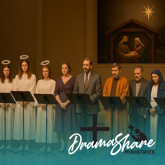 Group of people in a church setting with 'Drama Share Ministries' branding.
