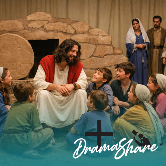 Man in white robe with red cloak sitting with children in a stone-walled room, DramaShare logo visible.