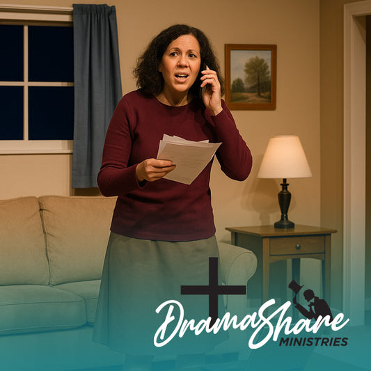 A woman stands center stage in a cozy living room set, looking overwhelmed as she holds a phone to her ear and clutches paperwork, with a laptop open on a nearby coffee table.