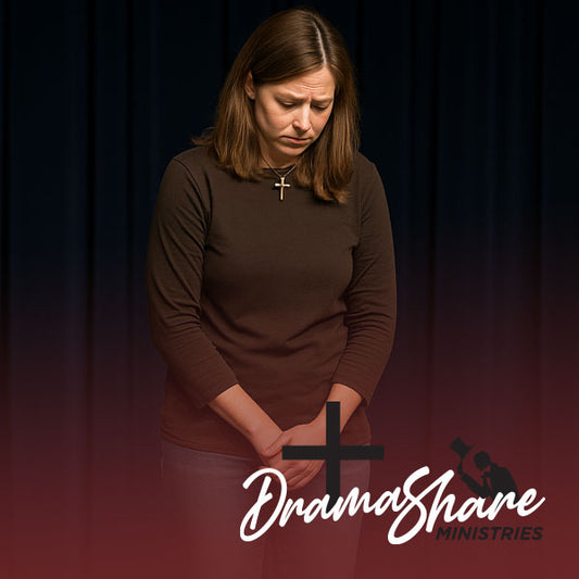 Woman in a brown shirt with a cross necklace against a dark background, featuring DramaShare Ministries logo.