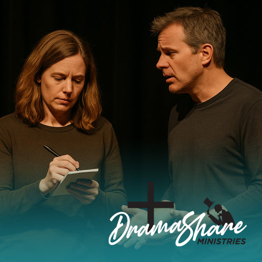 Two people in a dramatic pose with 'Drama Share Ministries' logo.