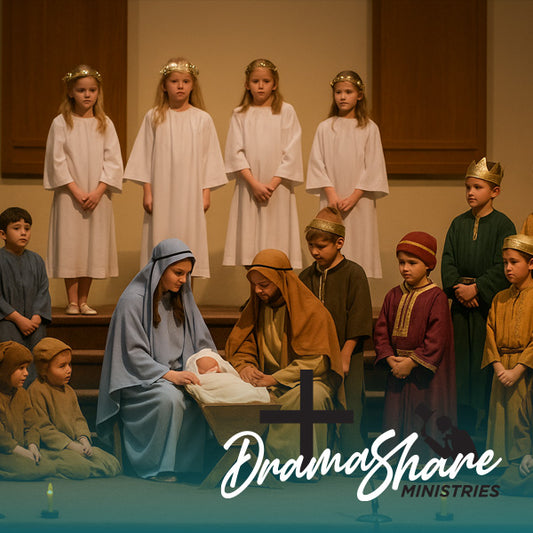 Children in nativity scene costumes with 'Drama Share Ministries' logo.
