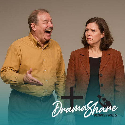 Two people standing next to each other with 'Drama Share Ministries' logo.