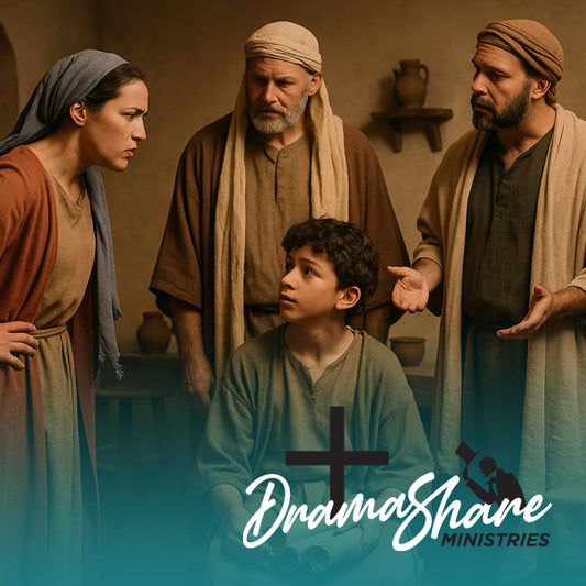 Group of people in biblical attire with a cross and 'Drama Share Ministries' logo.