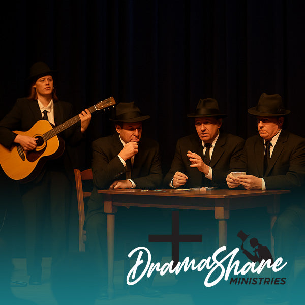 Four men in suits with hats, one playing guitar, sitting around a table with 'Drama Share Ministries' logo.