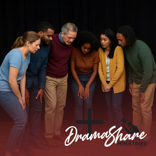  Seven actors are shoulder-to-shoulder in a semi-circle at stage left