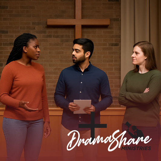 Three people standing in a room with a cross on the wall, featuring the 'Drama Share Ministries' logo.