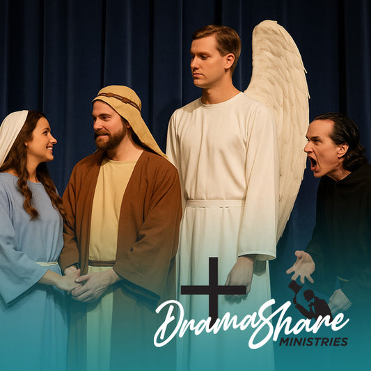 Four people in religious costumes with 'Drama Share Ministries' logo.