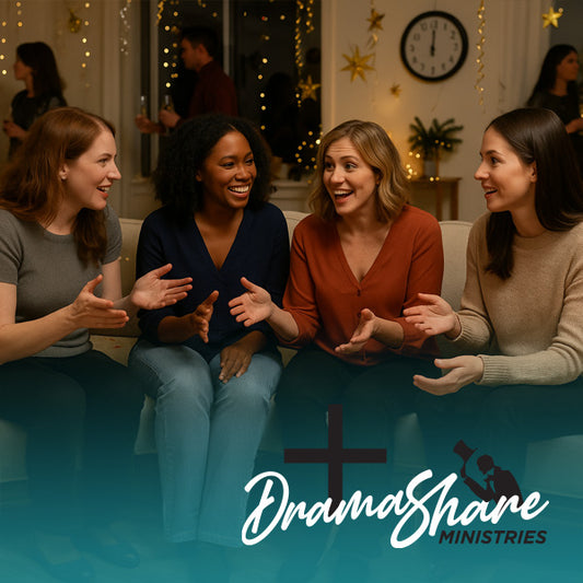 Four women at a quiet New Year’s Eve party discussing resolutions, with party guests in the background and a clock nearing midnight.