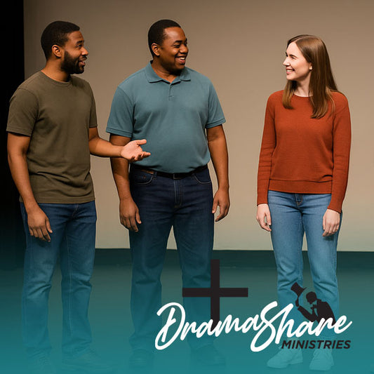 Three people standing together with 'DramaShare Ministries' logo in the background