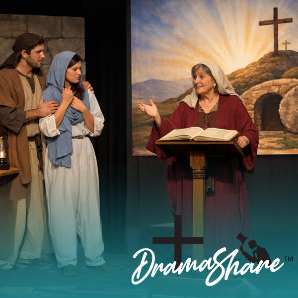 Two scenes from a religious play or production with actors in period costumes, and a painting of a woman with a cross in the background. Drama Share logo visible.