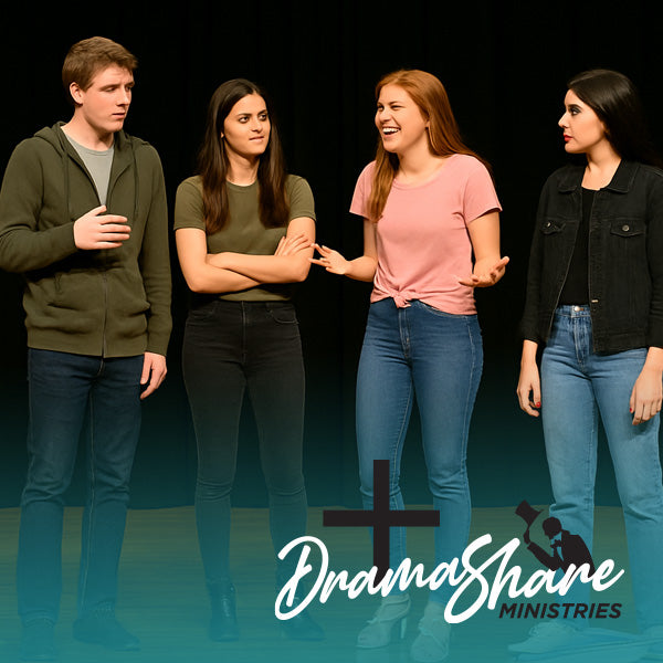 Four teenagers on a theater stage in casual clothing, mid-conversation, with expressive body language under warm stage lighting and a black curtain backdrop.