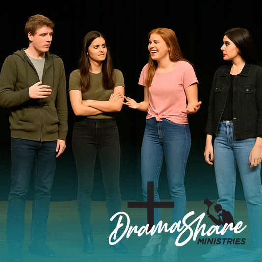 Four teenagers on a theater stage in casual clothing, mid-conversation, with expressive body language under warm stage lighting and a black curtain backdrop.