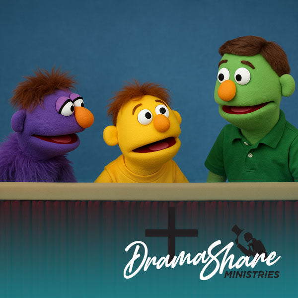 Three colorful puppets stand behind a red curtain on a puppet stage, appearing mid-conversation with expressive faces and playful poses.