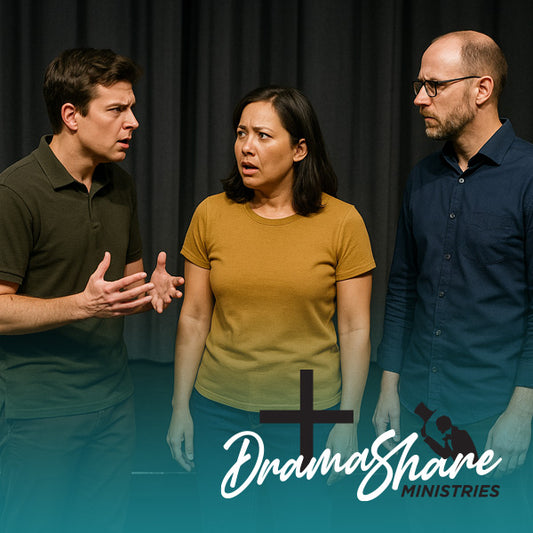 Three people in a discussion with 'Drama Share Ministries' logo.