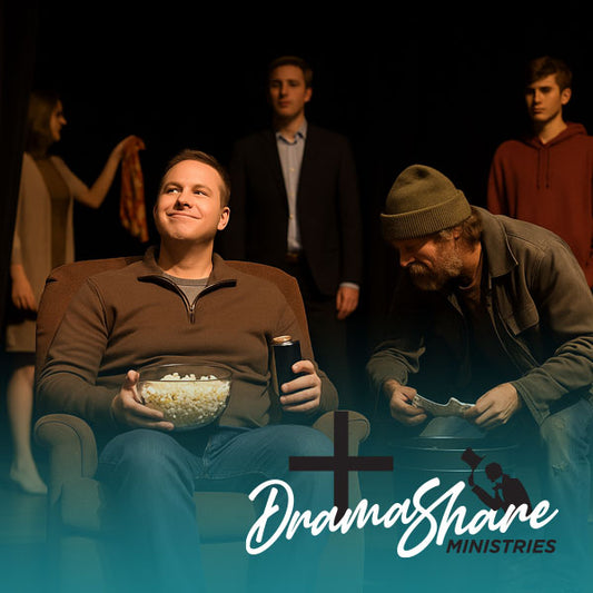 Two men sitting on a couch with one holding popcorn and a drink, another man standing in the background, with 'Drama Share Ministries' logo.