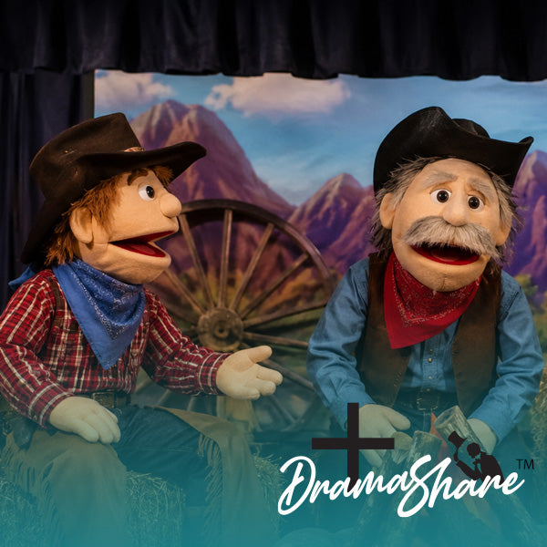 Two cowboy-themed puppets in front of a scenic backdrop with 'DramaShare' logo.