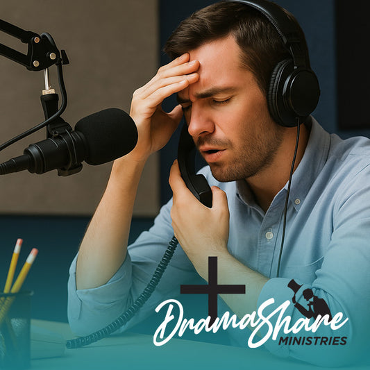 Man in a radio studio with headphones and microphone, holding his head in his hand, with DramaShare Ministries logo.