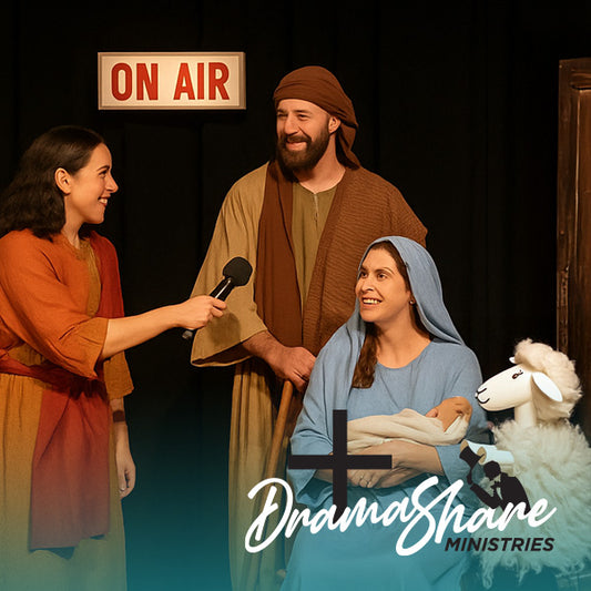 Three people in biblical attire with a lamb, one holding a microphone, against a black background with 'On Air' sign and 'Drama Share Ministries' logo.